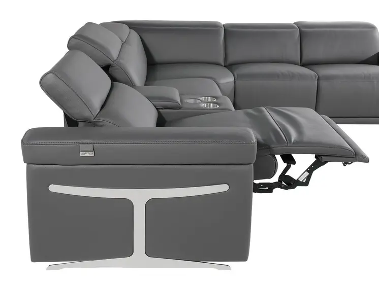 Gray Italian Leather Modular L Shaped Eight Piece Corner Sectional With Console