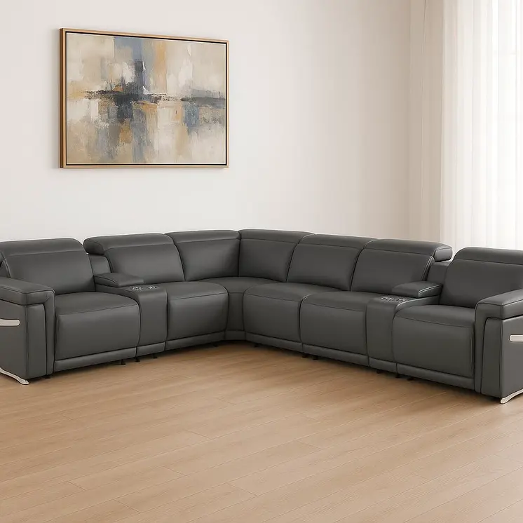 Gray Italian Leather Modular L Shaped Eight Piece Corner Sectional With Console