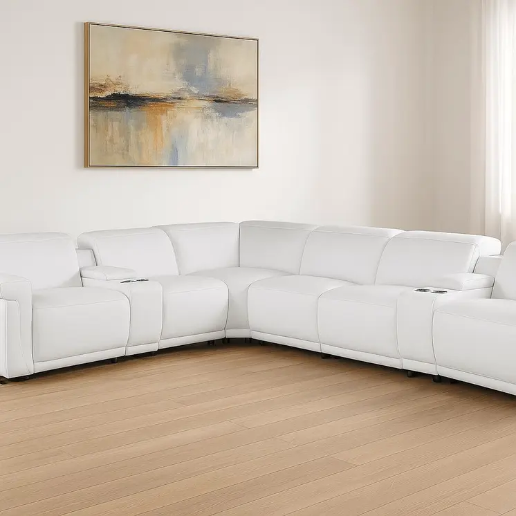 White Italian Leather Modular L Shaped Eight Piece Corner Sectional With Console