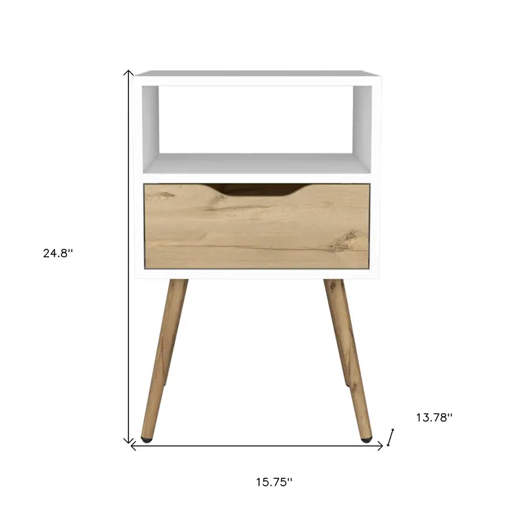 25" White And Natural Wood One Drawer Nightstand