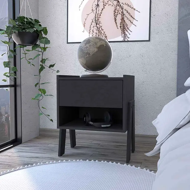 22" Black Wood One Drawer Nightstand