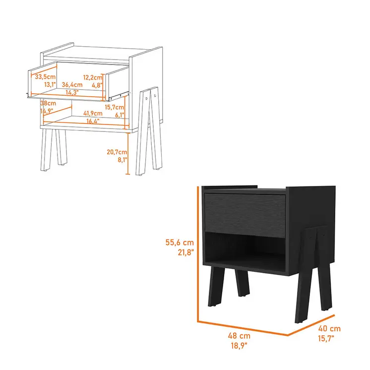22" Black Wood One Drawer Nightstand