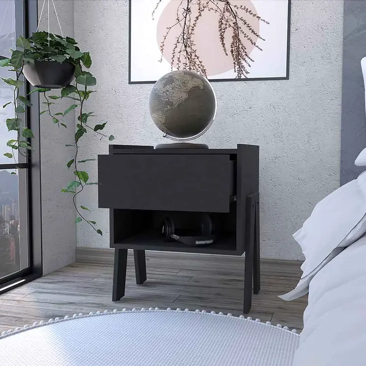 22" Black Wood One Drawer Nightstand