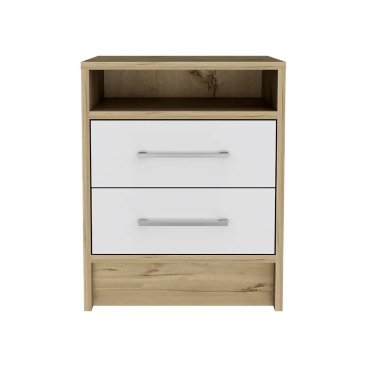 20" White And Natural Wood Two Drawer Nightstand