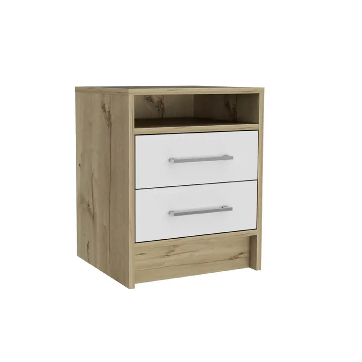 20" White And Natural Wood Two Drawer Nightstand