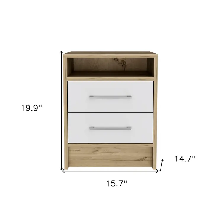 20" White And Natural Wood Two Drawer Nightstand