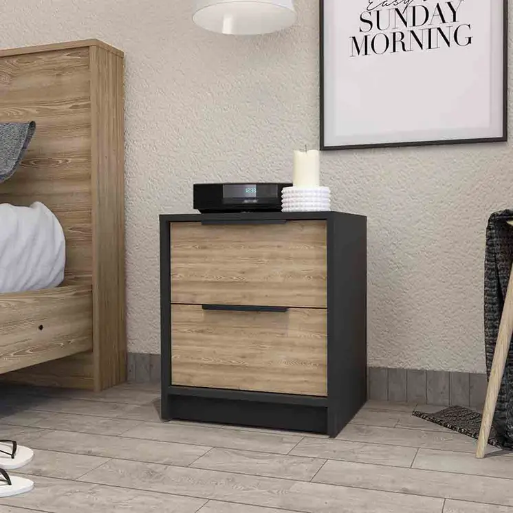 19" Black And Natural Wood Two Drawer Nightstand