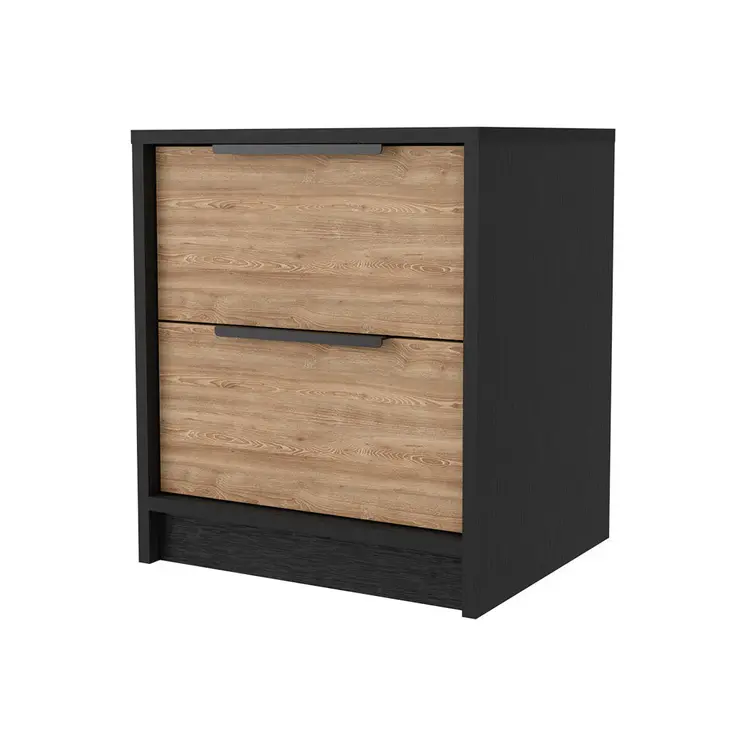 19" Black And Natural Wood Two Drawer Nightstand