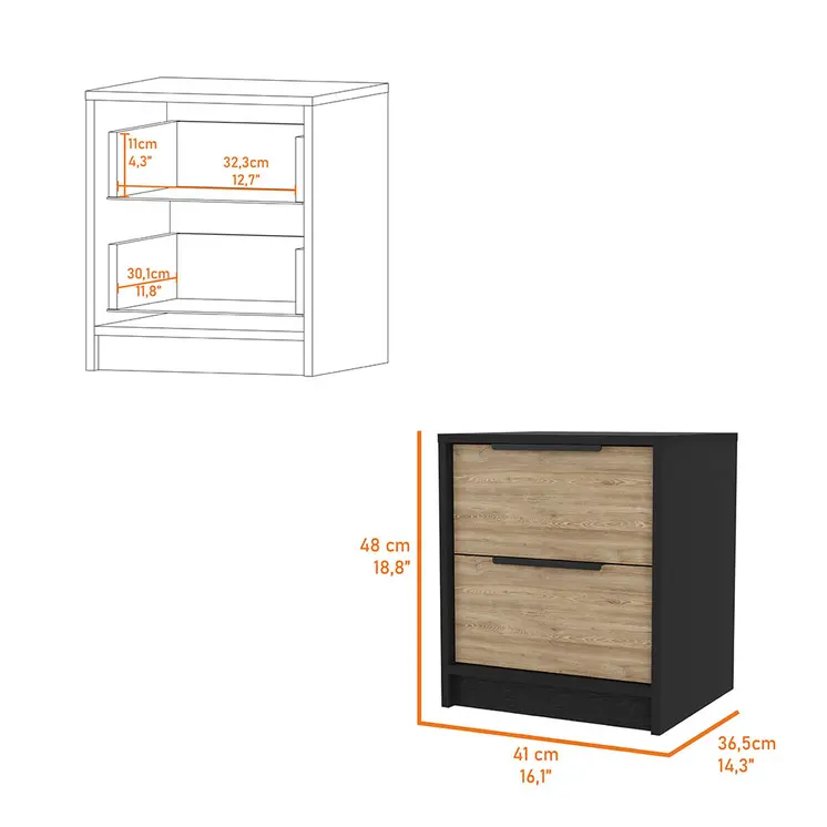 19" Black And Natural Wood Two Drawer Nightstand