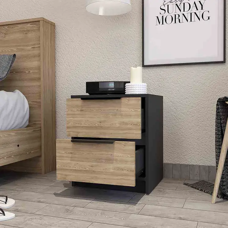 19" Black And Natural Wood Two Drawer Nightstand