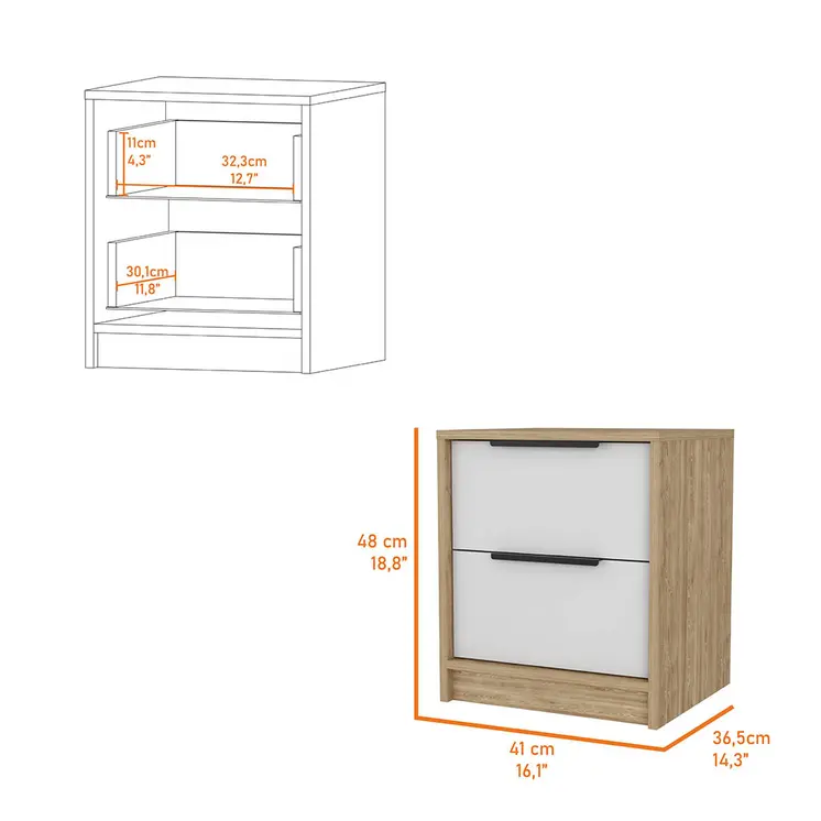 19" White And Natural Wood Two Drawer Nightstand