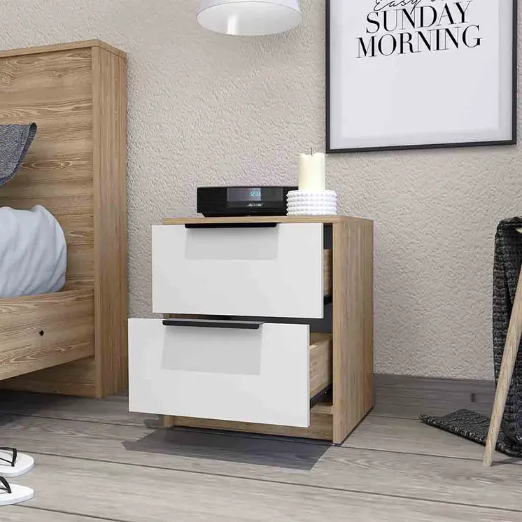 19" White And Natural Wood Two Drawer Nightstand