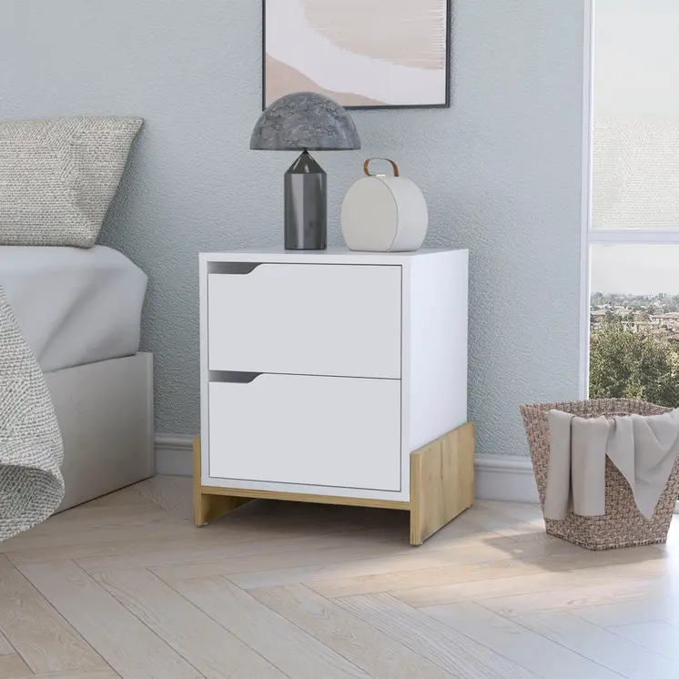 20" White And Natural Wood Two Drawer Nightstand