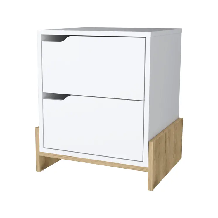 20" White And Natural Wood Two Drawer Nightstand