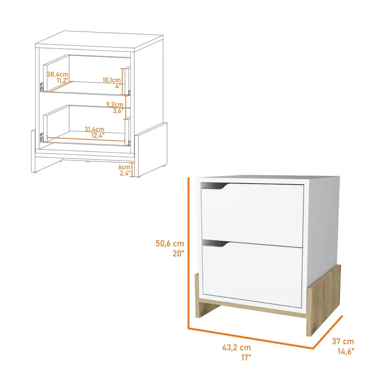 20" White And Natural Wood Two Drawer Nightstand