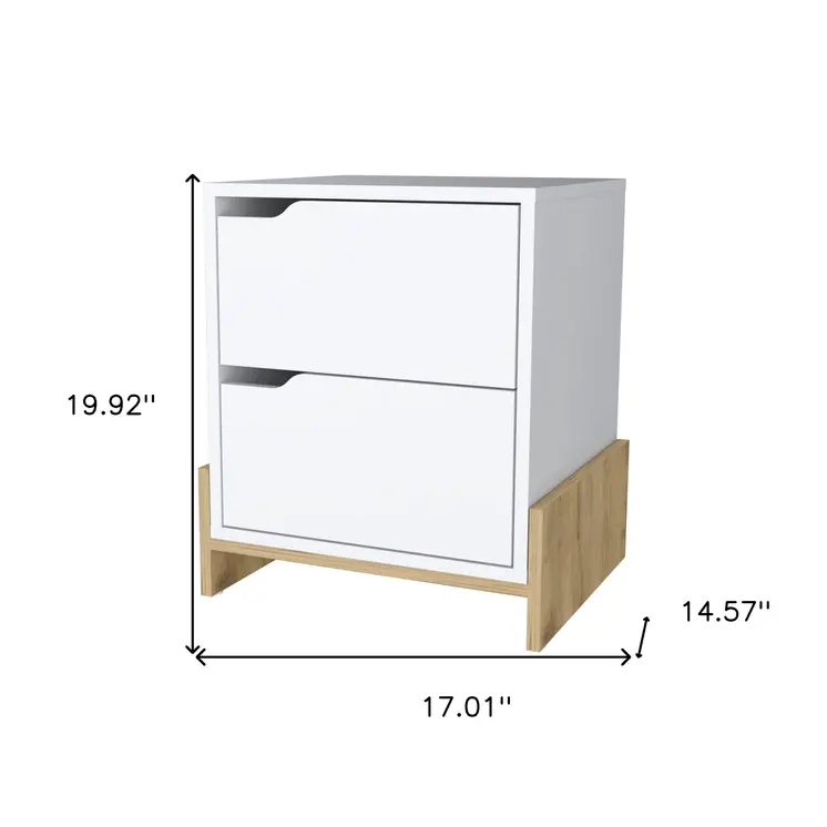 20" White And Natural Wood Two Drawer Nightstand