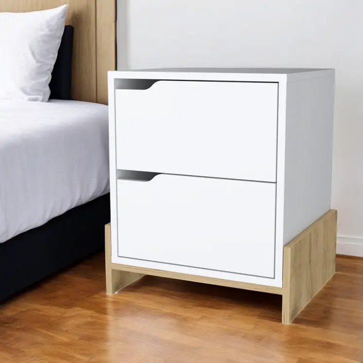 20" White And Natural Wood Two Drawer Nightstand
