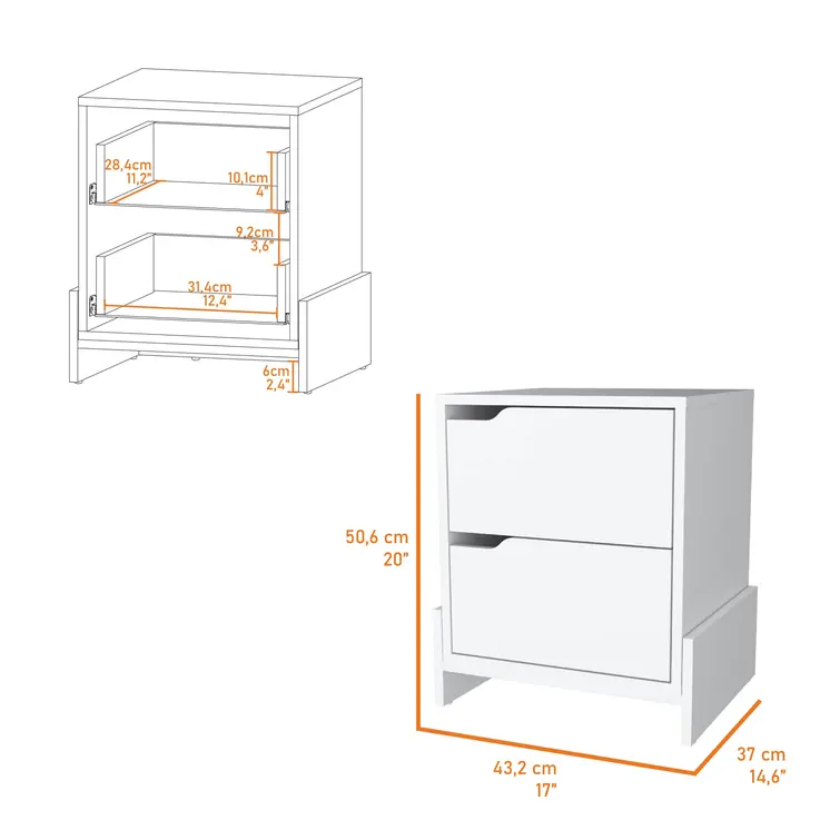 20" White Wood Two Drawer Nightstand