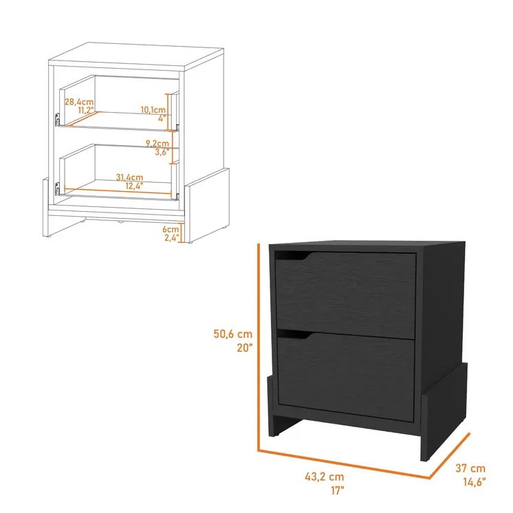 20" Black Wood Two Drawer Nightstand
