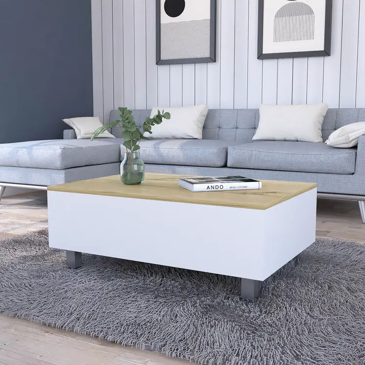 32" White And Oak Brown Wood and Metal Lift Top Coffee Table