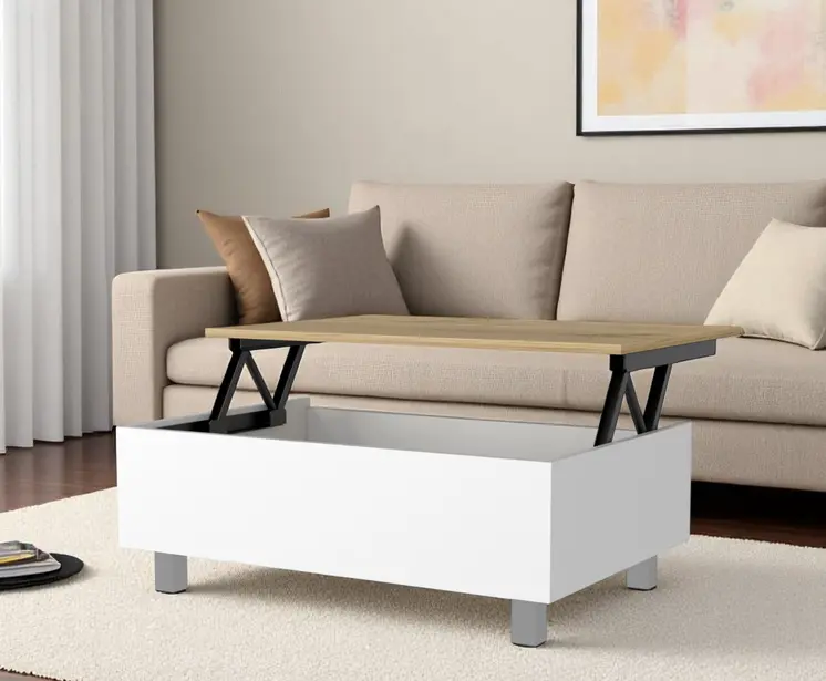 32" White And Oak Brown Wood and Metal Lift Top Coffee Table