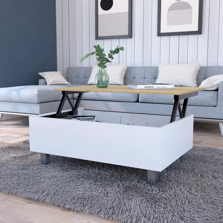 32" White And Oak Brown Wood and Metal Lift Top Coffee Table
