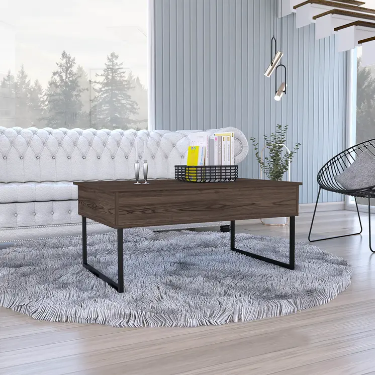41" Brown And Black Wood And Metal Lift Top Coffee Table