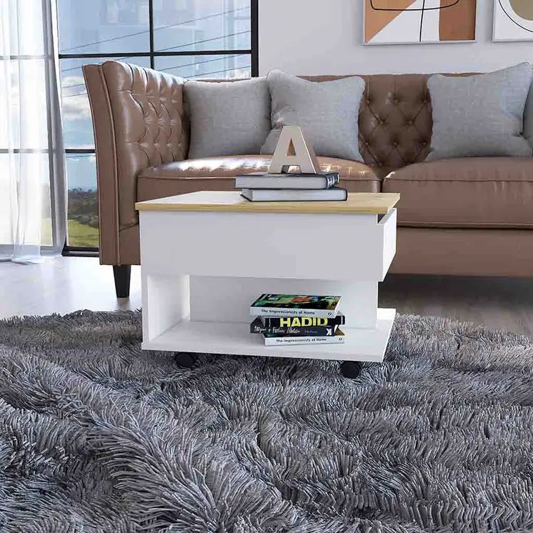 22" Natural And White Wood Lift Top Coffee Table With Two Shelves