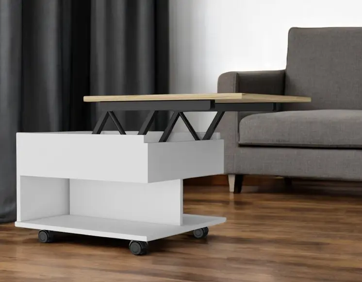 22" Natural And White Wood Lift Top Coffee Table With Two Shelves