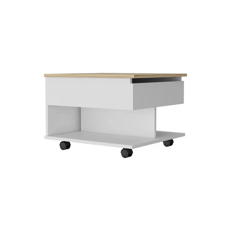22" Natural And White Wood Lift Top Coffee Table With Two Shelves