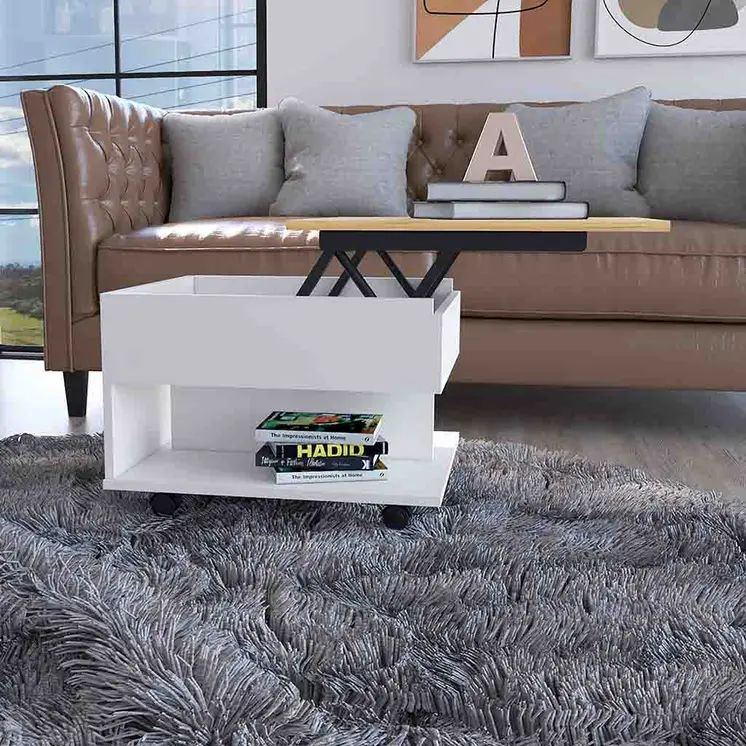 22" Natural And White Wood Lift Top Coffee Table With Two Shelves