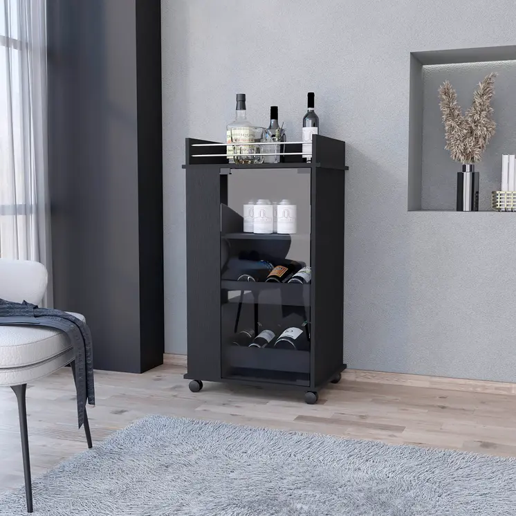 22" Black And Clear Wood And Glass Rolling Bar Cart