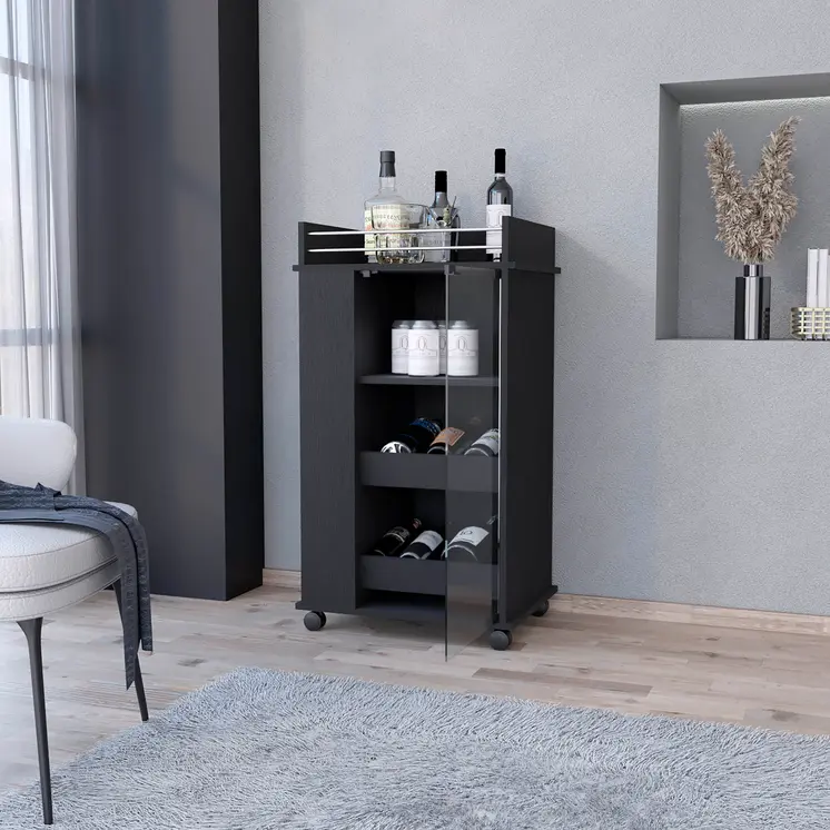 22" Black And Clear Wood And Glass Rolling Bar Cart