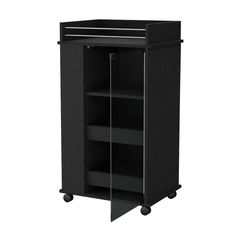 22" Black And Clear Wood And Glass Rolling Bar Cart