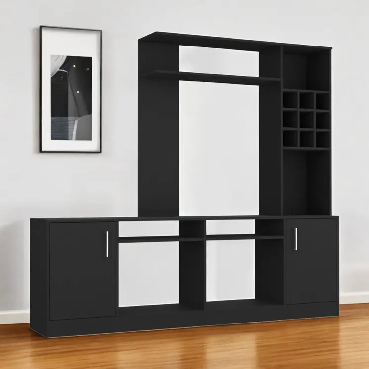 78" Black Wood Enclosed and Open Storage Entertainment Center with Bookcase