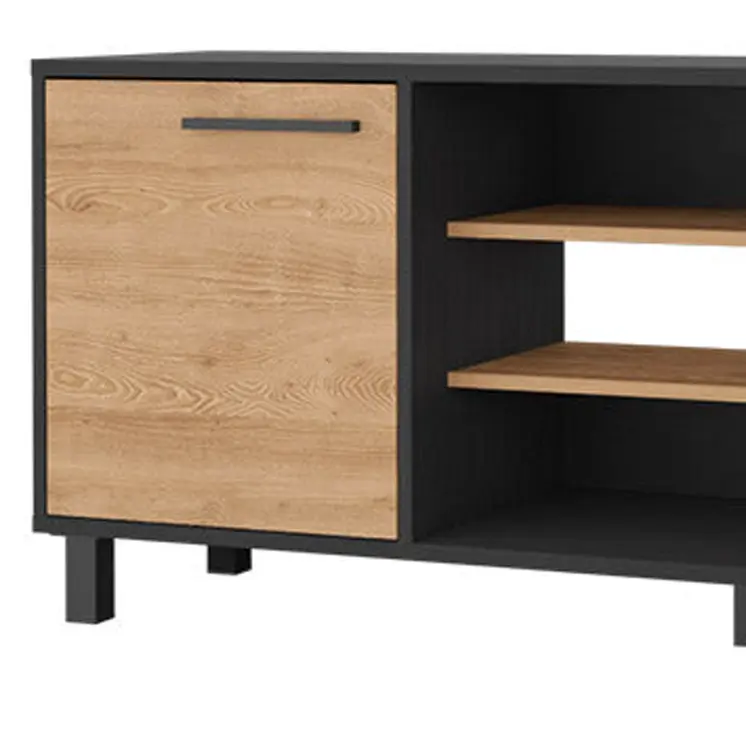 59" Black And Natural Wood Enclosed and Open Storage TV Stand