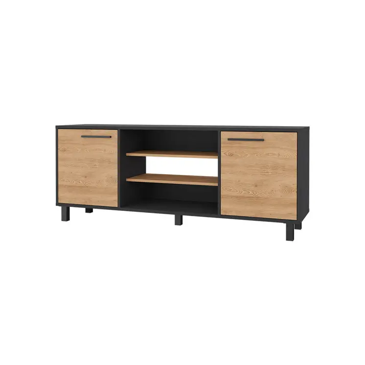 59" Black And Natural Wood Enclosed and Open Storage TV Stand