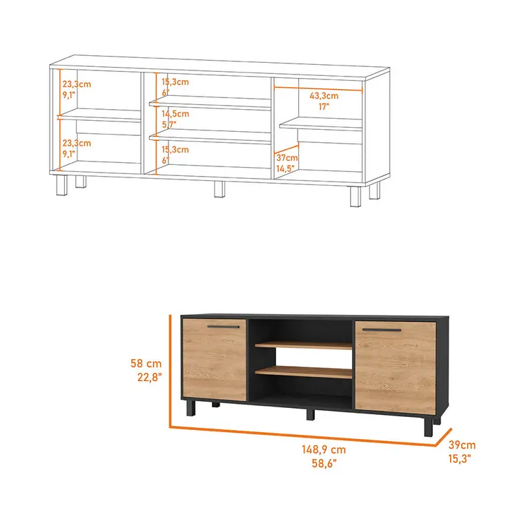 59" Black And Natural Wood Enclosed and Open Storage TV Stand