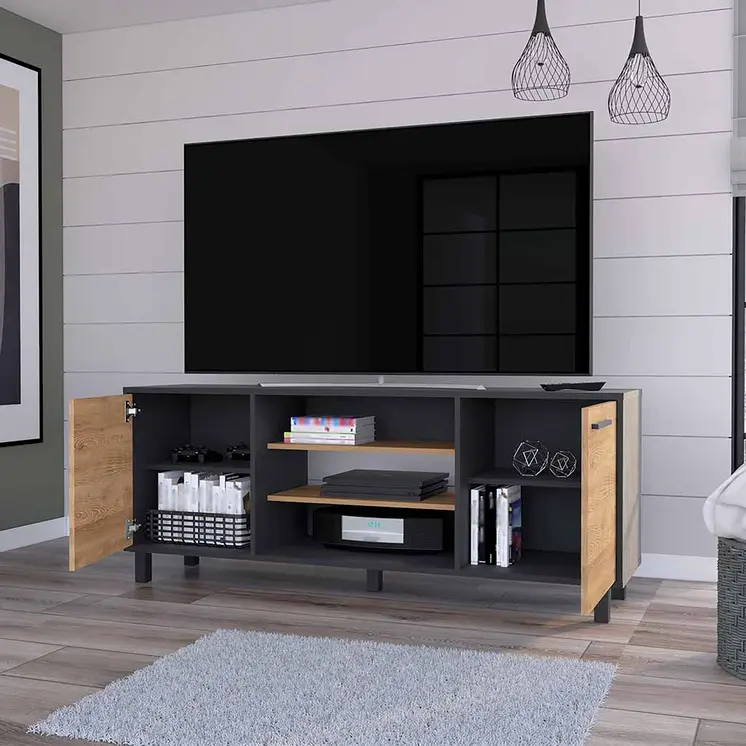 59" Black And Natural Wood Enclosed and Open Storage TV Stand