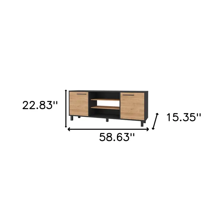 59" Black And Natural Wood Enclosed and Open Storage TV Stand