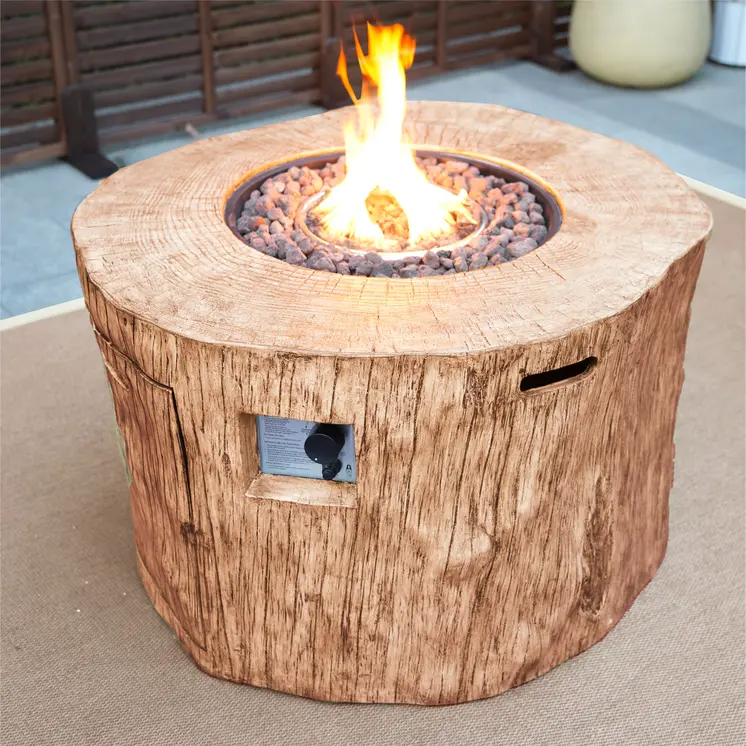 37" Brown Faux Wood Stump Propane Round Fire pit With Cover