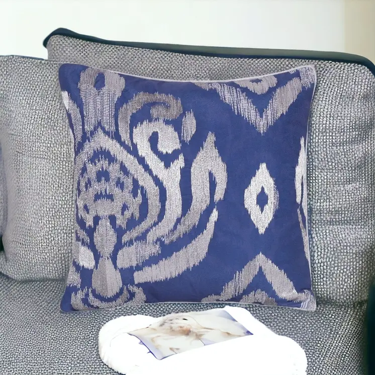 20" X 20" Blue Geometric Polyester Zippered Pillow With Beads