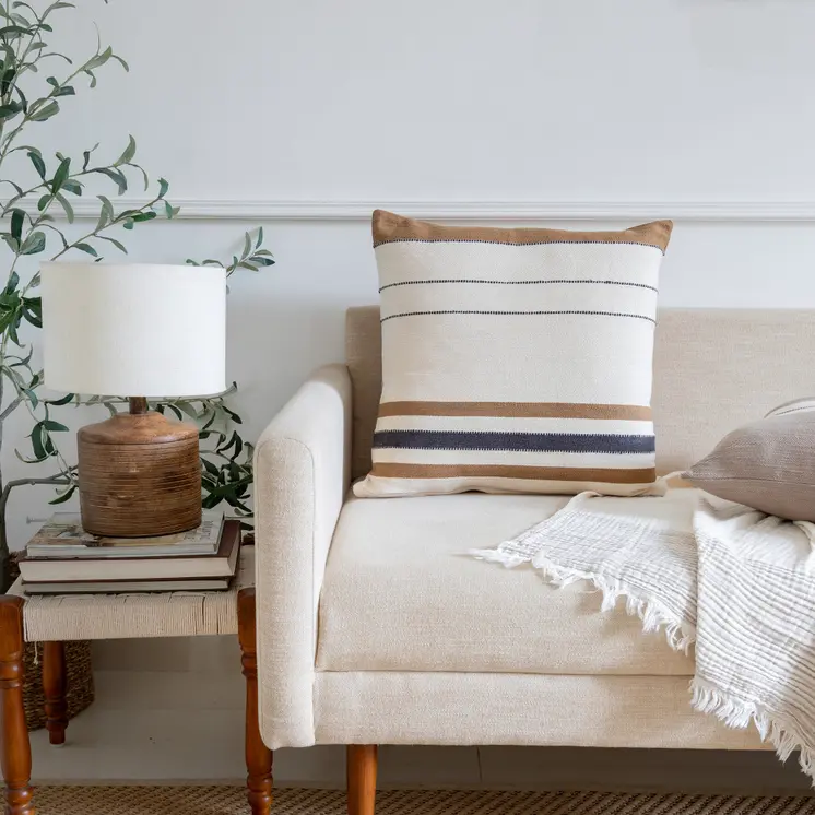 20" Brown And Ivory Striped Cotton Throw Pillow