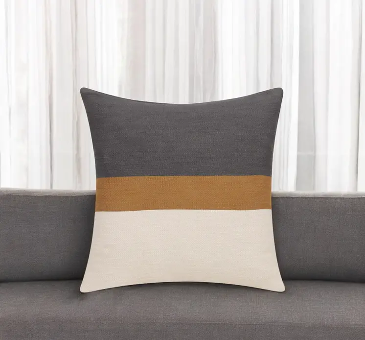 24" Dark Gray Brown And Off White Cotton Striped Throw Pillow
