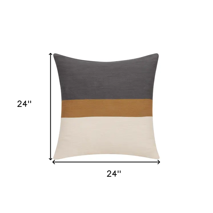 24" Dark Gray Brown And Off White Cotton Striped Throw Pillow