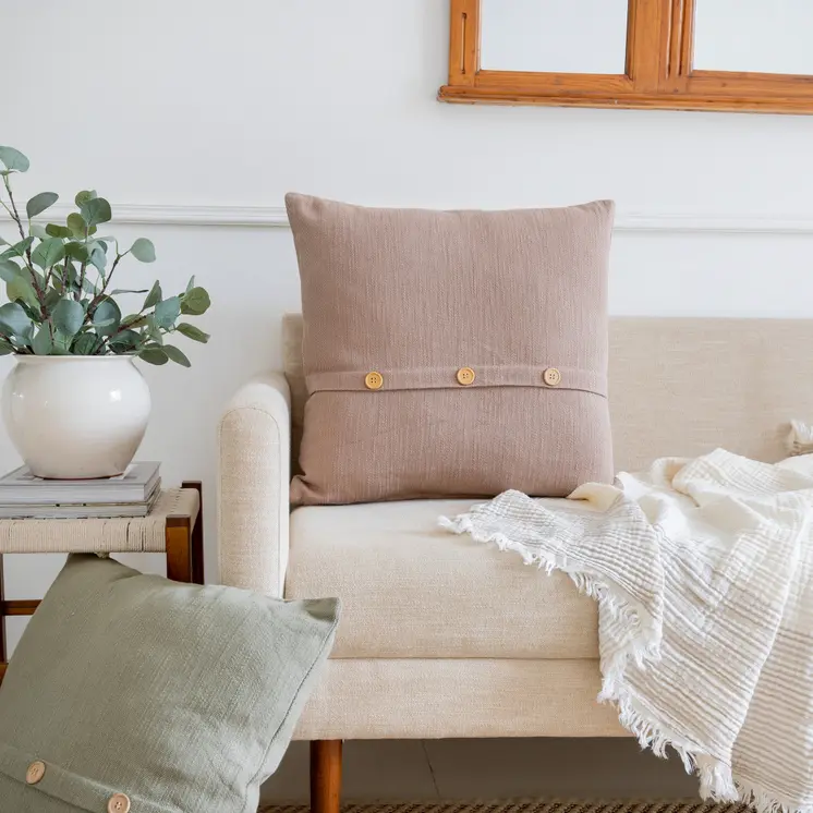 20" Brown Cotton Throw Pillow With Buttons