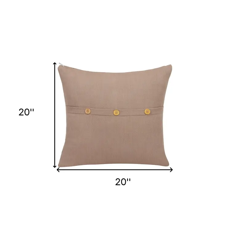 20" Brown Cotton Throw Pillow With Buttons