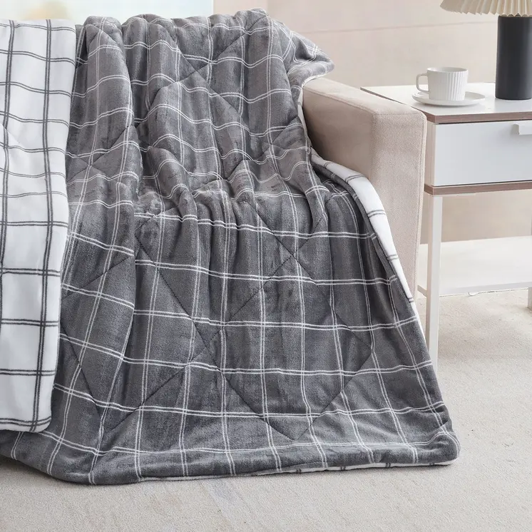 50" X 60" Gray and White Velvet Quilted Plaid Plush Throw Blanket