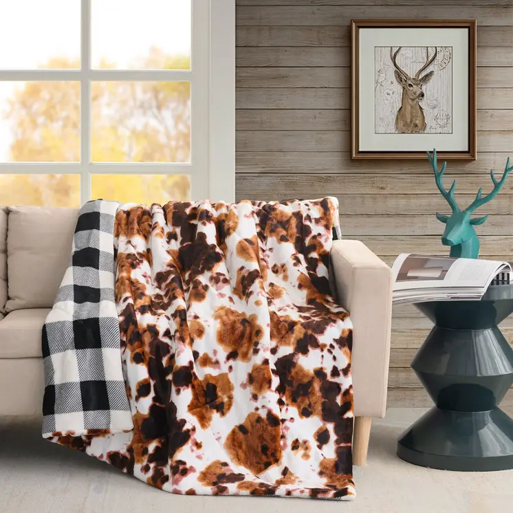 50" X 60" Brown and White Velvet Quilted Animal Print Plush Throw Blanket