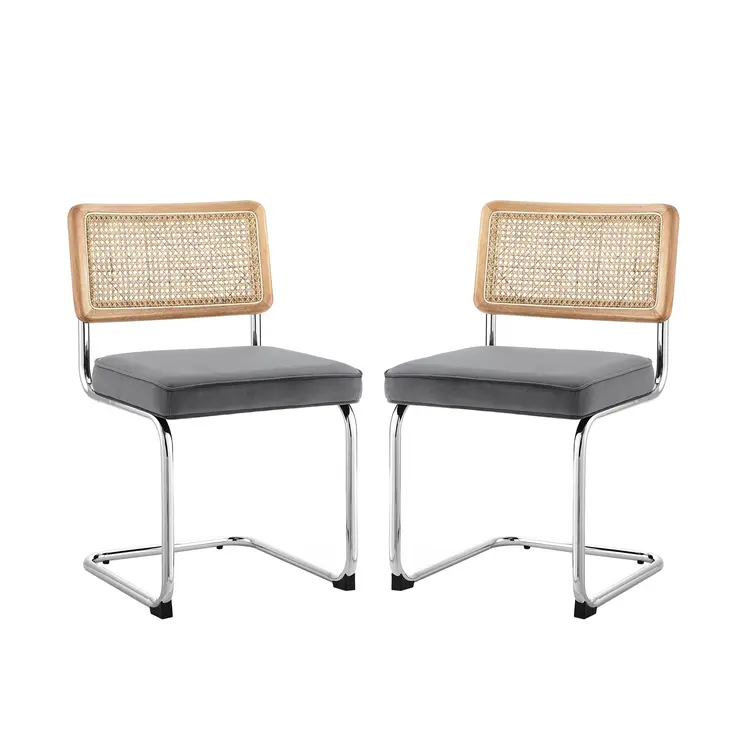 Set of Two Gray and Silver Upholstered Velvet Dining Side Chairs